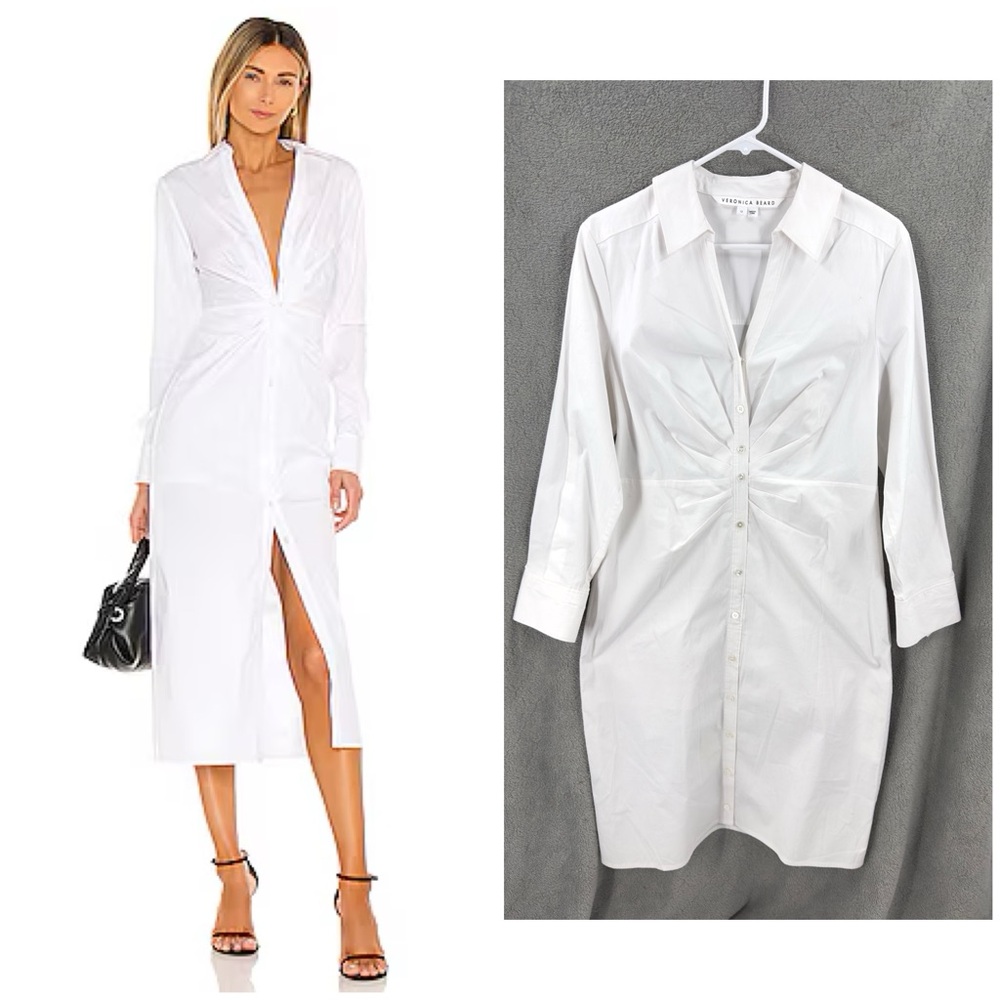 Veronica Beard Cita Shirt Dress Womens Size 12 White Minimalist Ruched Capsule - Picture 10 of 10